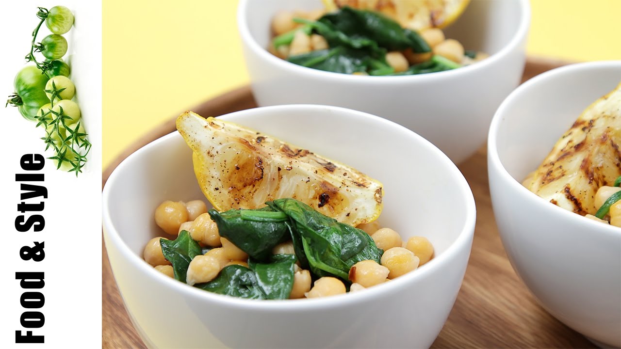 Chickpeas, Wilted Spinach & Grilled Lemons