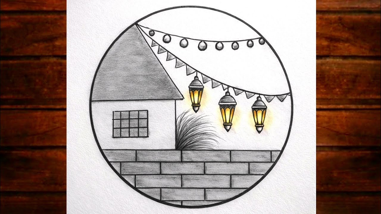 Ramadan Mubarak drawing/Easy Circle Scenery Drawing/Pencil Drawing /Easy drawing ideas for beginners
