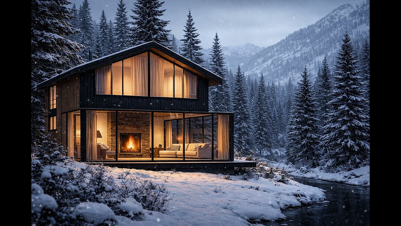 Cozy Winter Cabin | Fireplace & Gentle Wind Ambience (3 Hours)