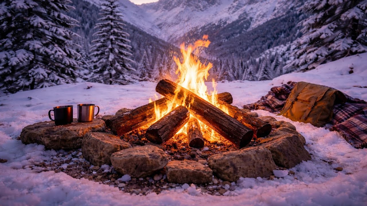 Snow Mountain Campfire Sounds | Cozy Fire in Winter for Sleep, Relax & Study (4K)
