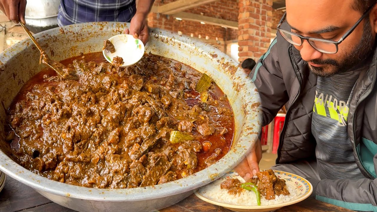Eating Lunch(Rice & Spicy Meat Curry) With Friends at Hanif Hujurer Hotel, Pachbibi Hat, Joypurhat