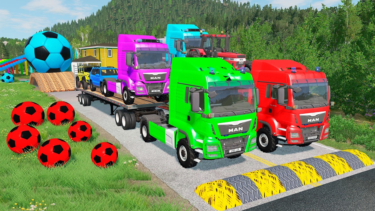Flatbed Trailer McQueen Transportation with Truck - Speedbumps vs Cars vs Train - BeamNG.Drive #04