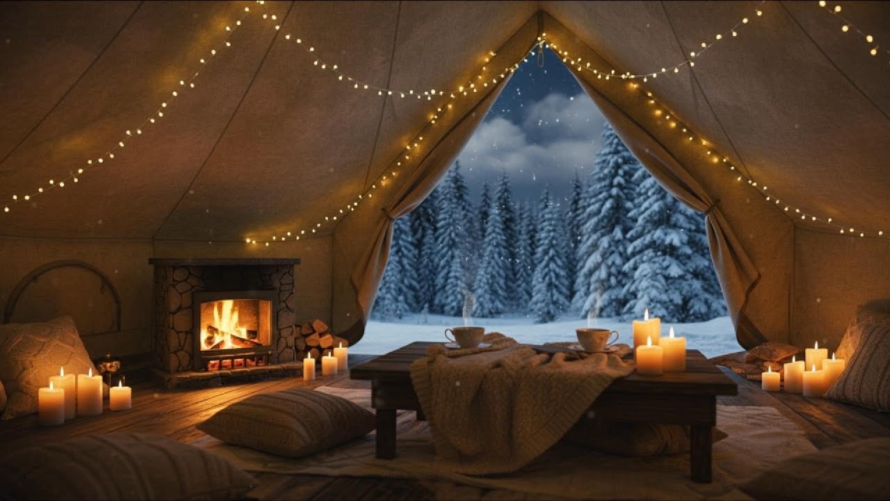 Winter Cabin Fireplace Ambience  Snowfall Outside  1 Hour Relaxing Sounds