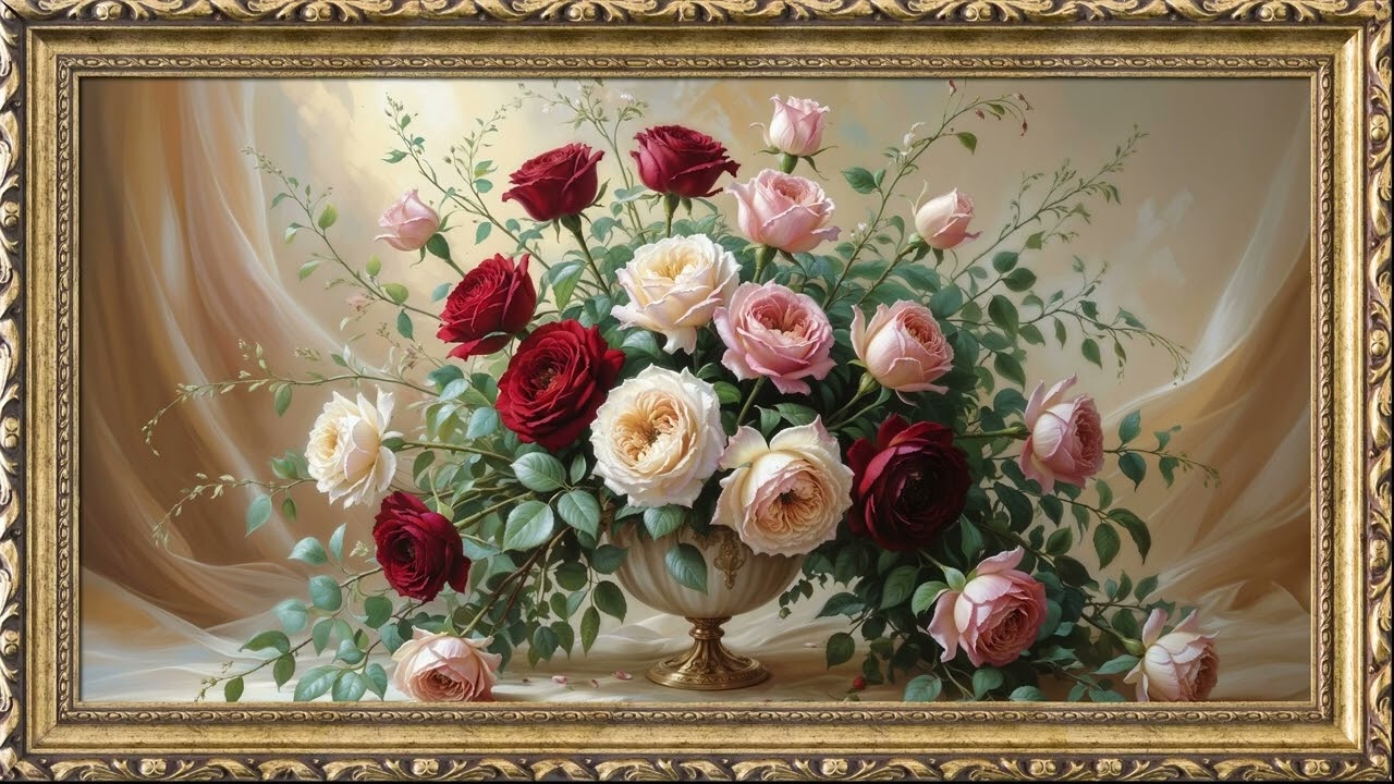 Quran with TV Art Screensaver 3H | Roses Framed Painting | Surah Al-Imran and An-Nissa' and Al-Maida