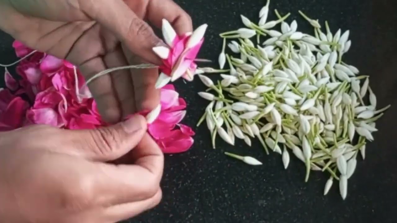 Simple way to string jasmine flower with rose petalss