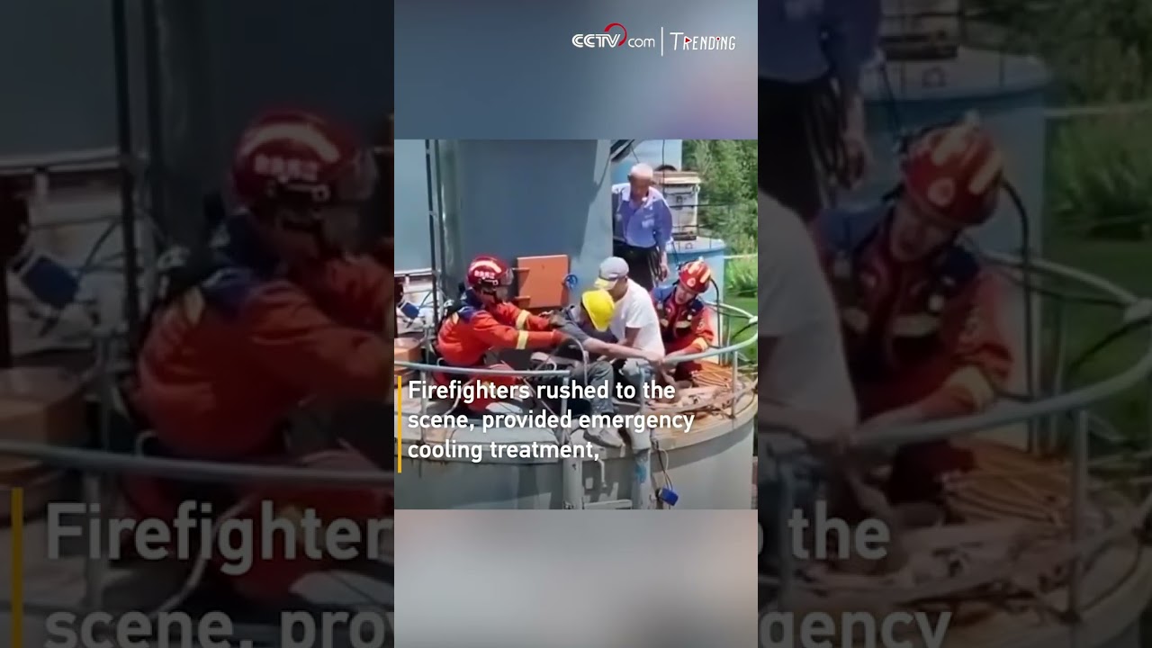 Firefighters rescue heatstroke-stricken worker stuck atop tank
