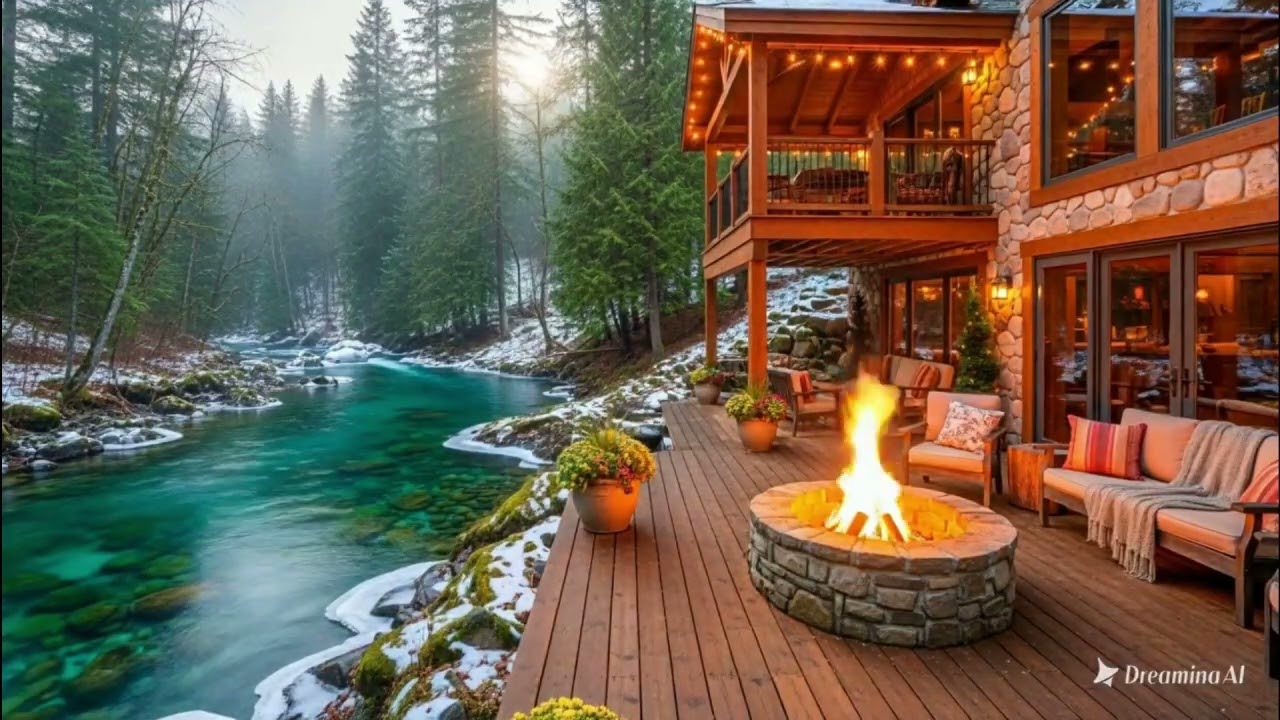 Peaceful Sunset Riverside Cabin Porch 🌅🔥 Calm Fire Pit & Relaxing Water Sounds for Stress Relief