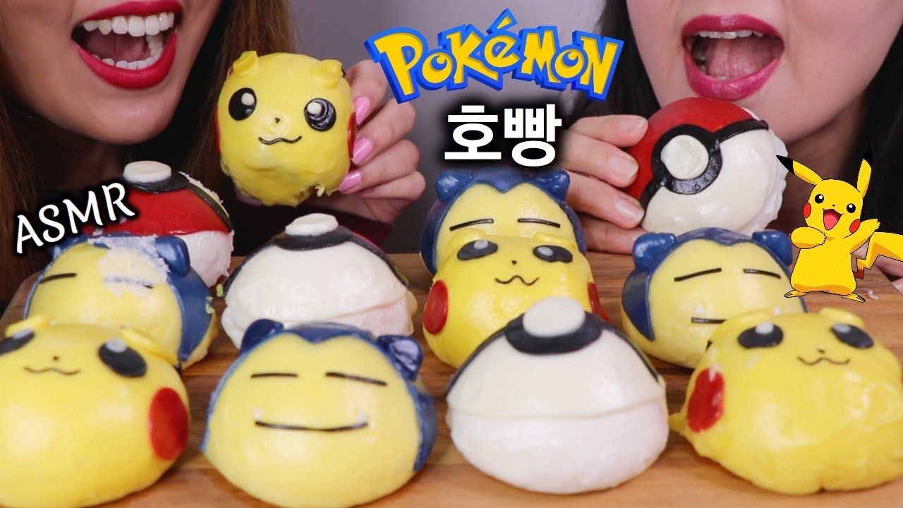 ASMR POKEMON RED BEAN BUNS 호빵 리얼사운드 먹방 | Kim&Liz ASMR