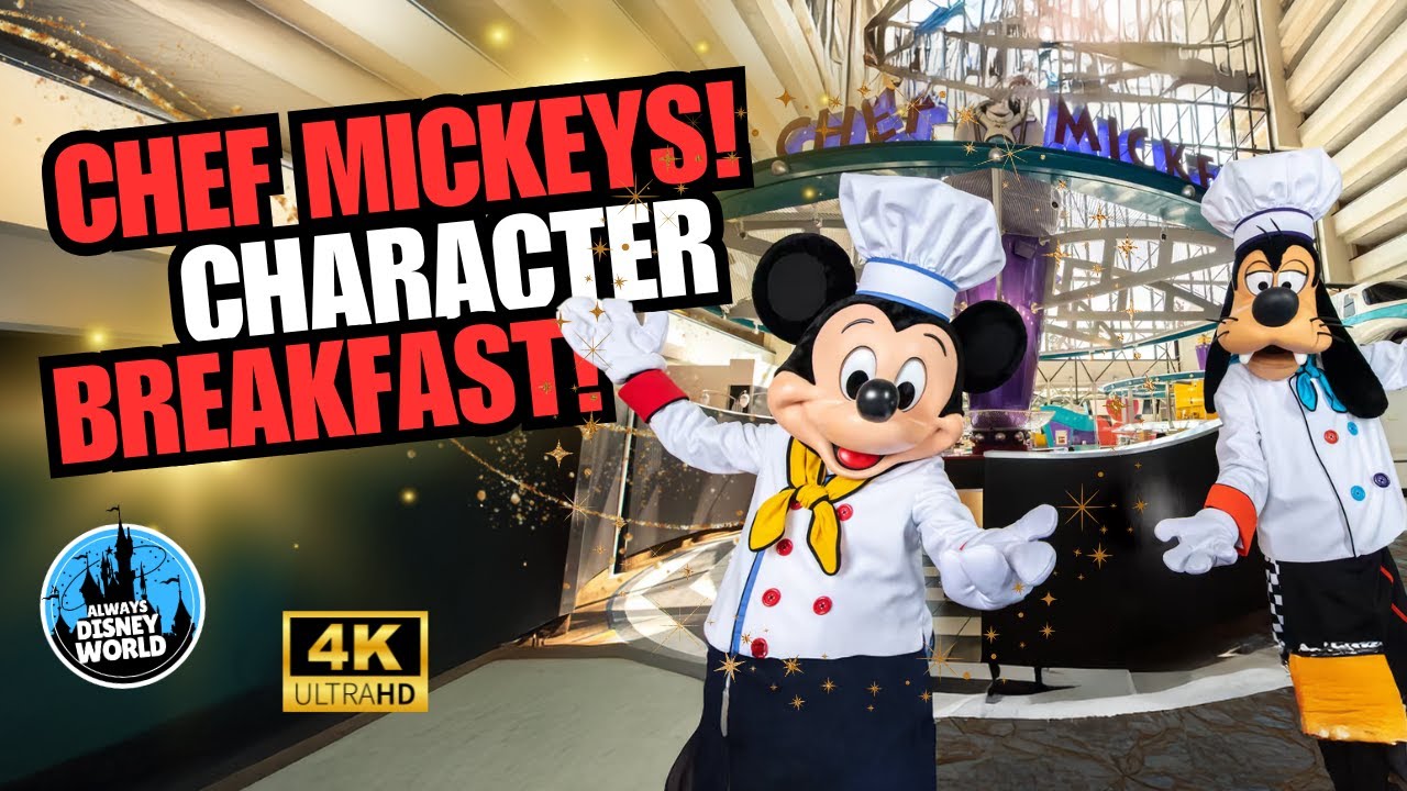 Mickey Mouse breakfast at Chef Mickeys at Disney World with Minnie Mouse, Goofy, Pluto, donald