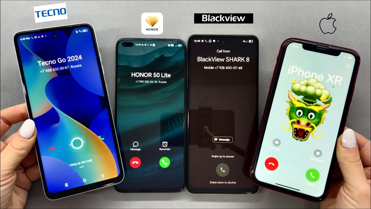 iPhone XR + Blackview A80Pro + Honor 50 Lite + Tecno Go 2024 Ringing incoming call