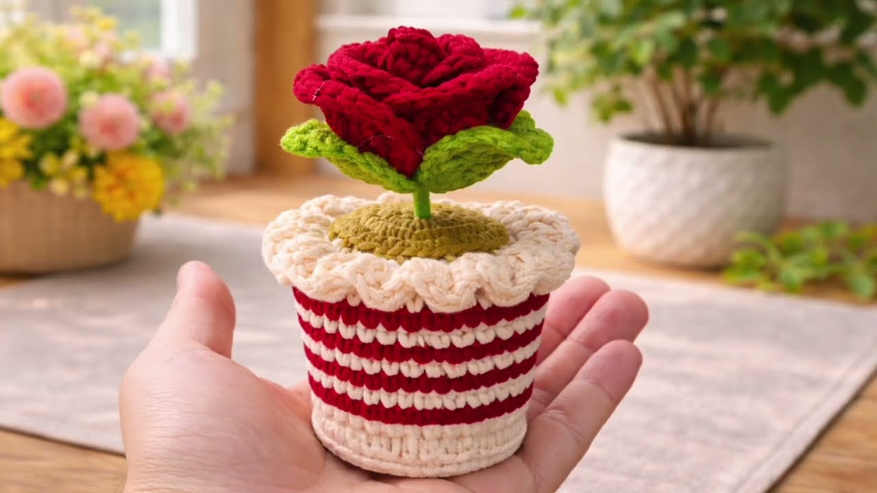 Crochet Rose Flower Pot Tutorial Step by Step for Beginners l Crochet Flower Pot Rose |