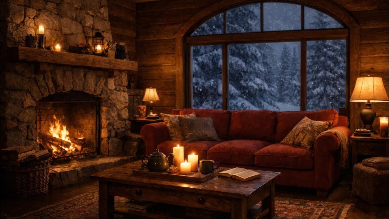3AM Snowy Fireplace Jazz Café ☕ Crackling Fire Sounds for Sleep & Study, Work & Relax