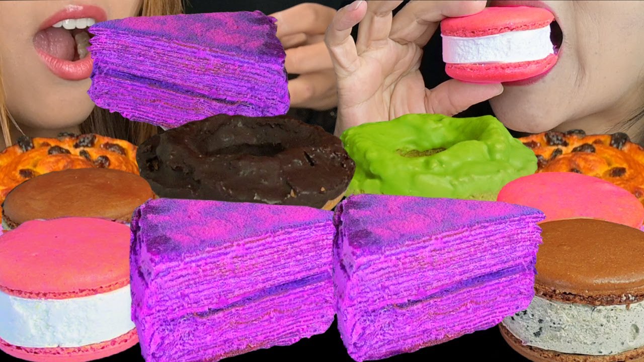 ASMR MOST POPULAR DESSERTS! PURPLE UBE CREPE CAKE, MACARON ICE CREAM, CHOCOLATE & MATCHA DONUTS 먹방