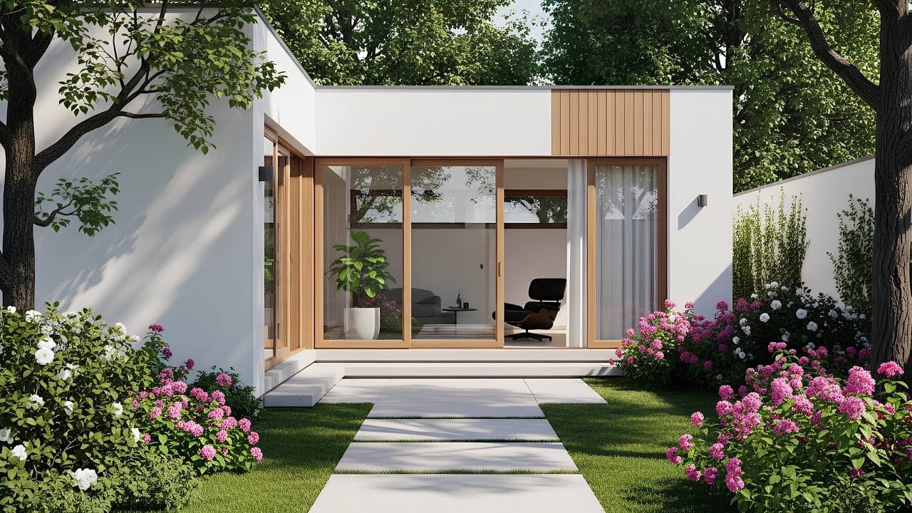 Experience Tranquility  A Dream Home with White Walls & Pink Flowers