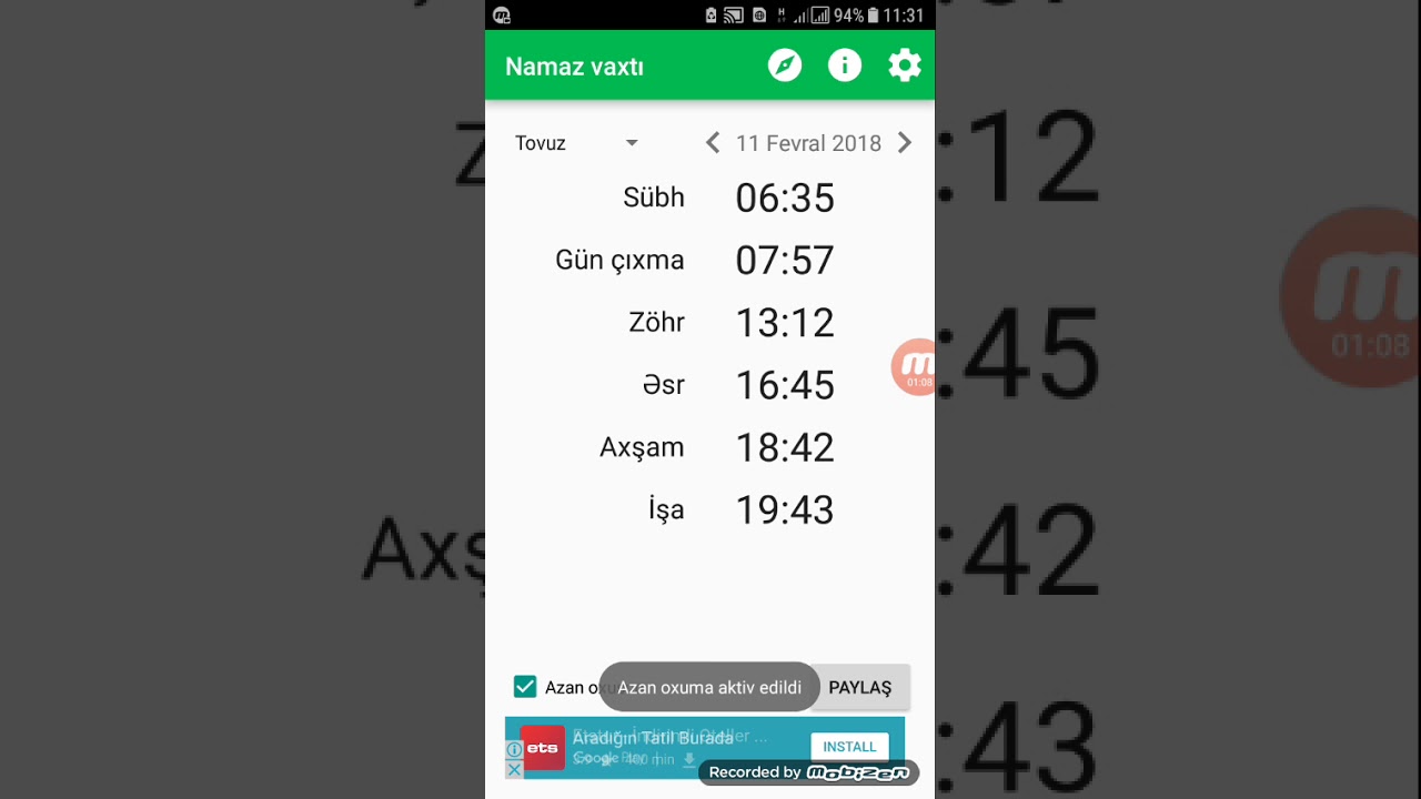 Anderoid  Namaz vaxtlari proqrami
