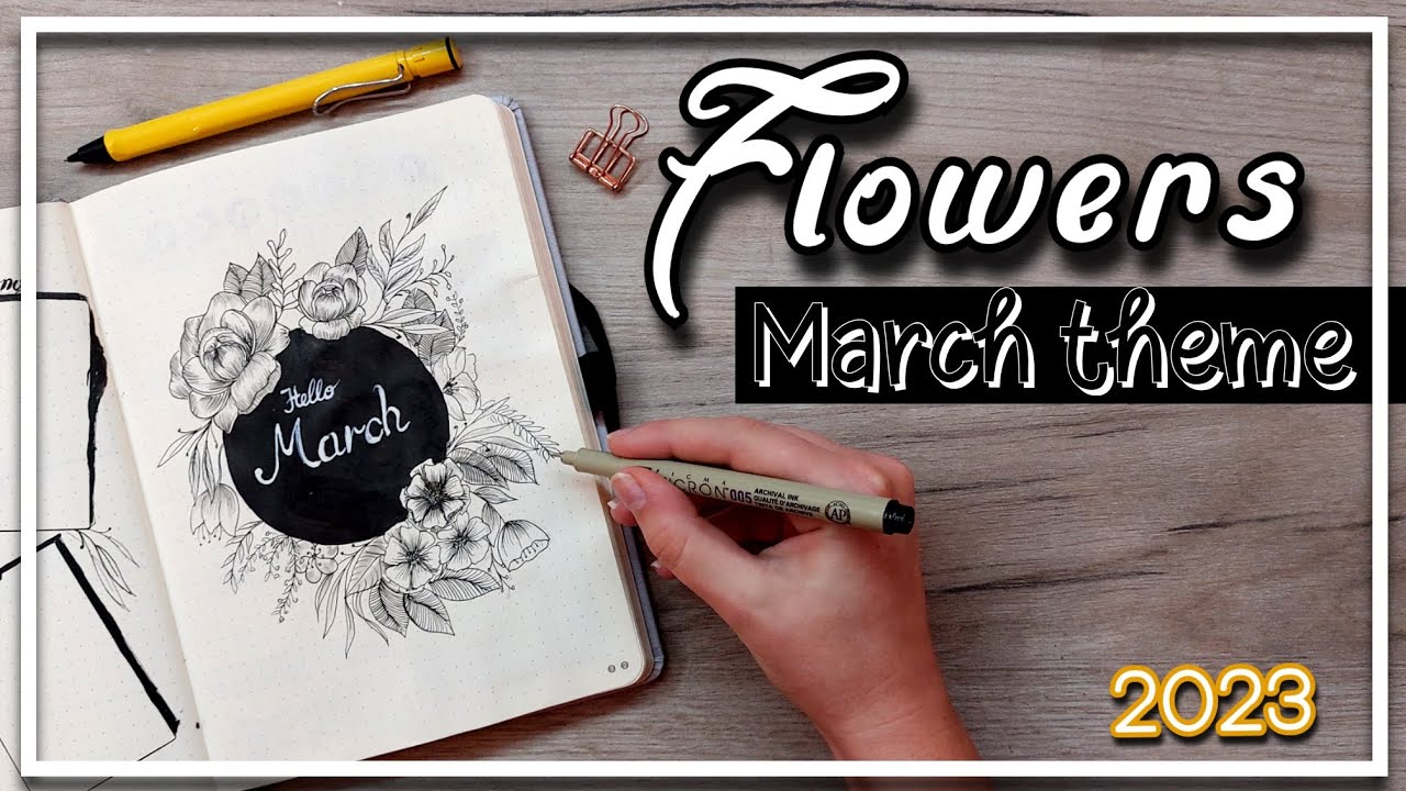 March 2023 Bullet Journal | Floral theme Black & White | Full monthly set up