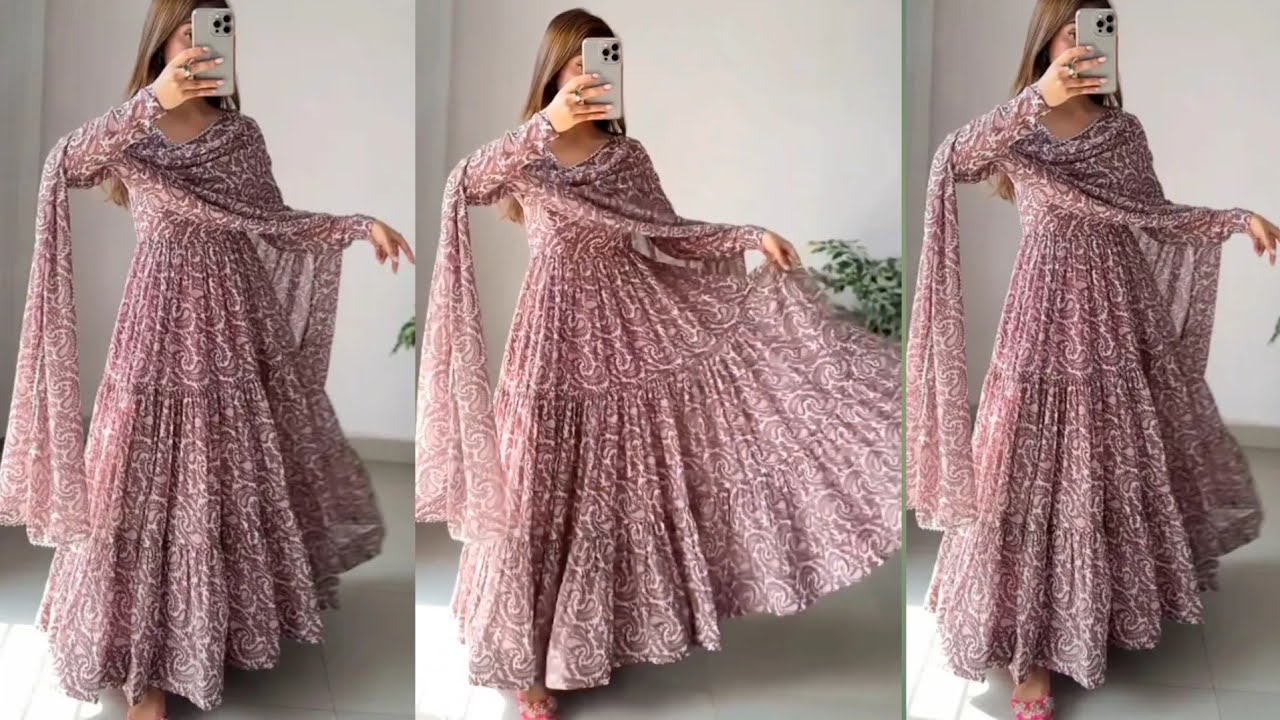 Beautiful party wear three layer long gown cutting and stitching 🎉princess cut long gown design 