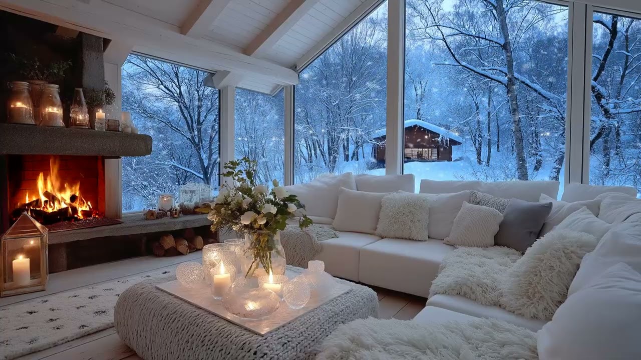 🕯️🎹 Romantic Winter Piano Atmosphere | Cozy White Lounge & Fireplace | 5 Hours Calm Study Time