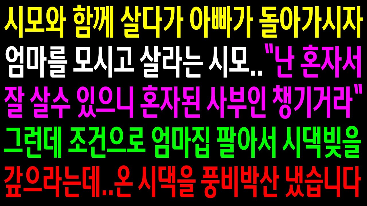 (반전사연)시모와 함께 살다가 아빠가 돌아가시자 엄마를 모시고 살라는 시모..조건으로 엄마집 팔아서 시댁빚을 갚으라는 말에 풍비박산 내는데[신청사연][사이다썰][사연라디오]