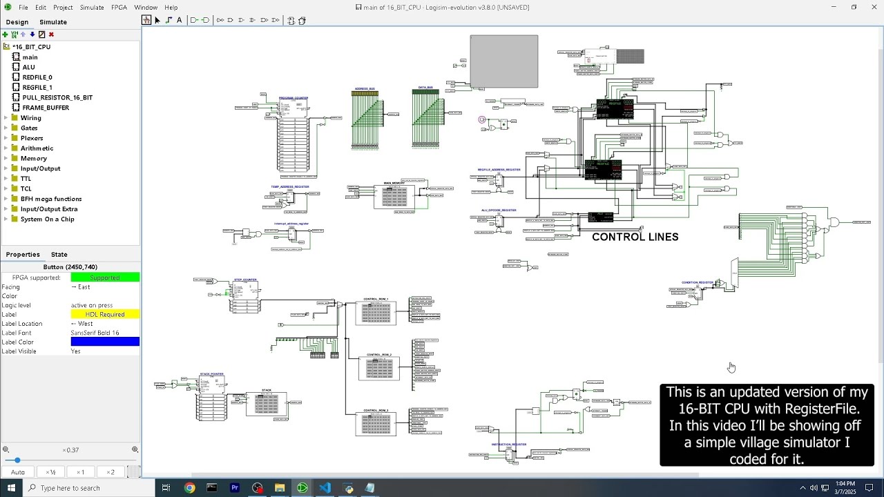 16-BIT CPU with Double RegisterFile and Interrupt. ( Village Simulator ) Logisim Evolution. Python.