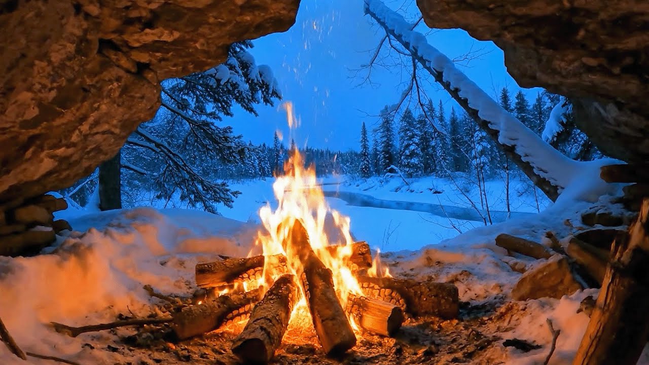 🎧 Campfire in a Cave by the Lake 🔥 Snowy Forest Night | Relax with Snowfall & Crackling Fire