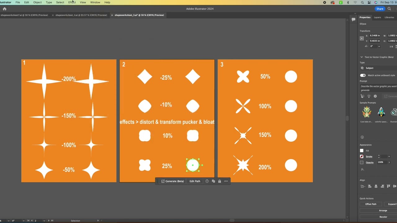 How to manipulate shapes - pucker & bloat tool - Shape Worksheet 3