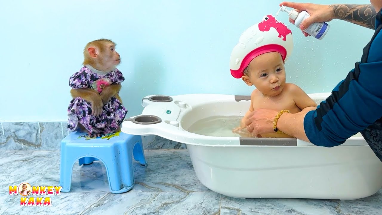 Curious monkey Kaka sat watching her dad bathe Diem.