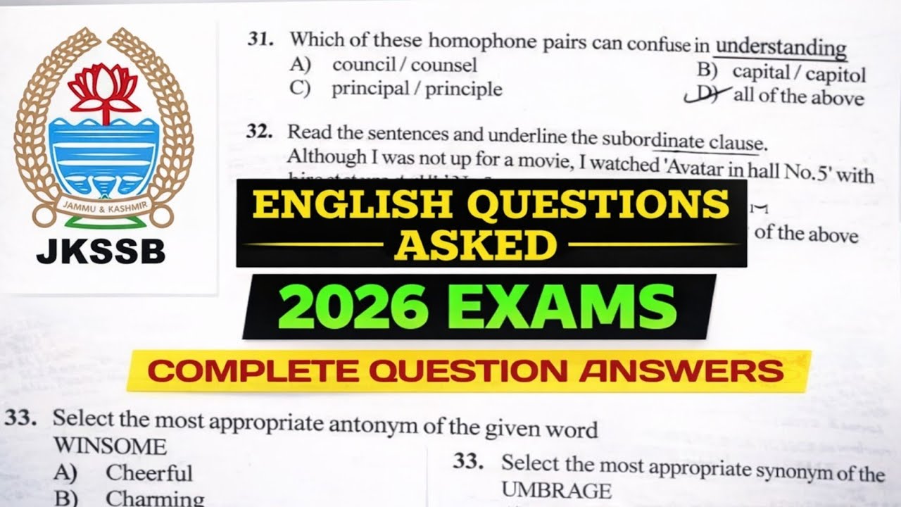 JKSSB QUESTION PAPER || ENGLISH QUESTION PAPER || LATEST EXAM PATTERN || FOR ALL JKSSB EXAMS. 