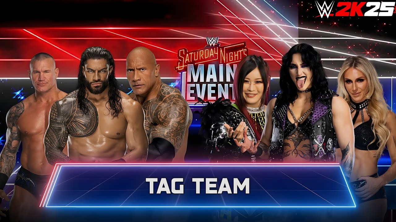Roman Reigns, Randy Orton & The Rock vs Rhea Ripley Iyo Sky Charlotte Flair | WWE 2K25 4K