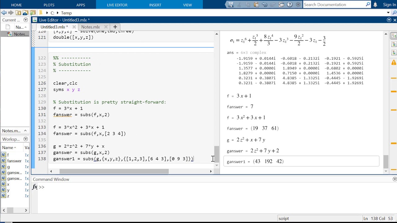 Symbolic Algebra Substitution, Differentiation, and Integration in MATLAB with Live Script