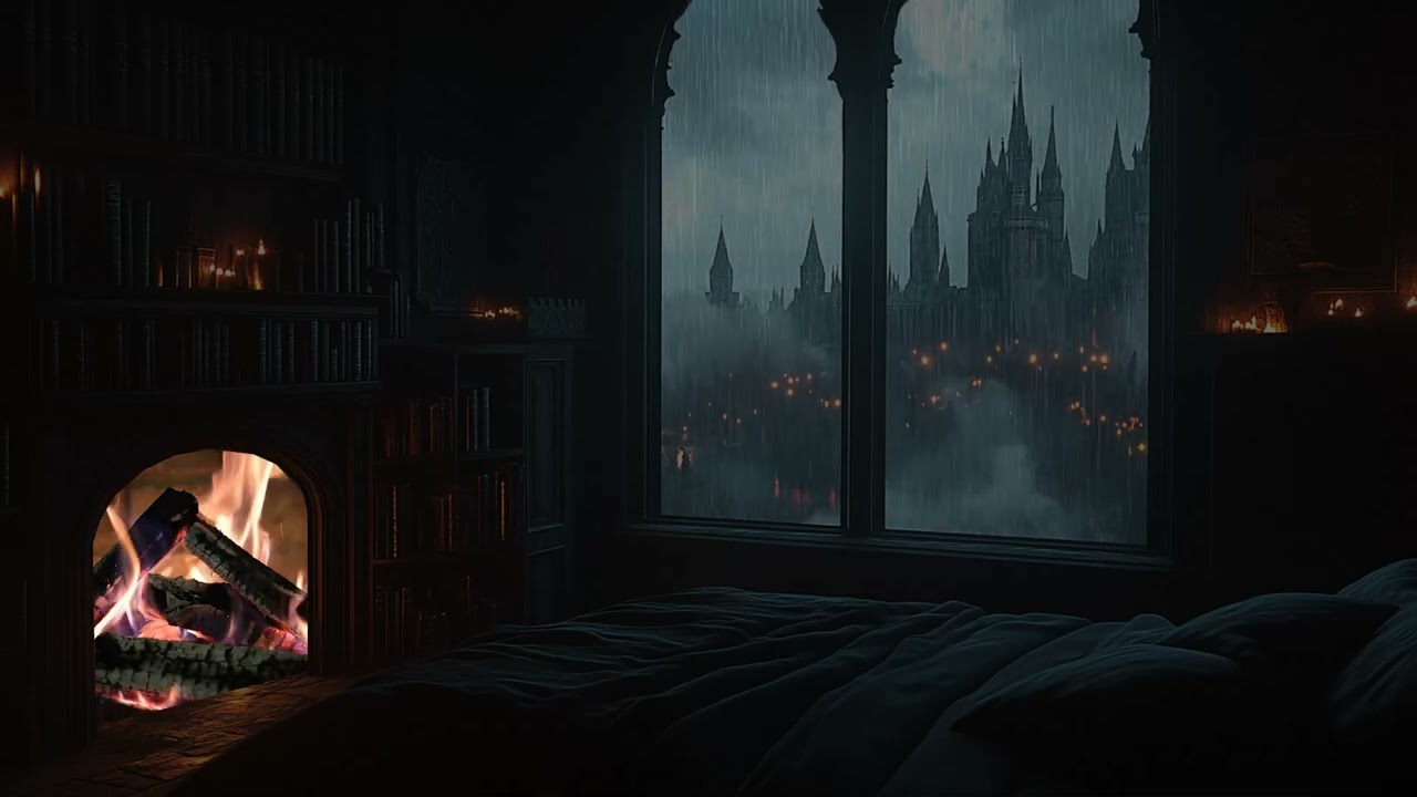 Thunder Rain Around the Distant Castle | Warm Gothic Bedroom Fireplace | Calm Night Ambience