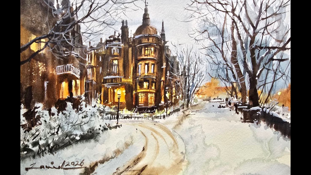 Warm Lights in the Snow – Easy Watercolor Tutorial