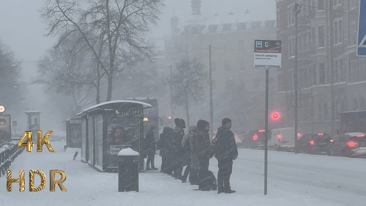 Heavy Snowstorm Walk in Sweden, Stockholm | Valhallavägen  -17 °C