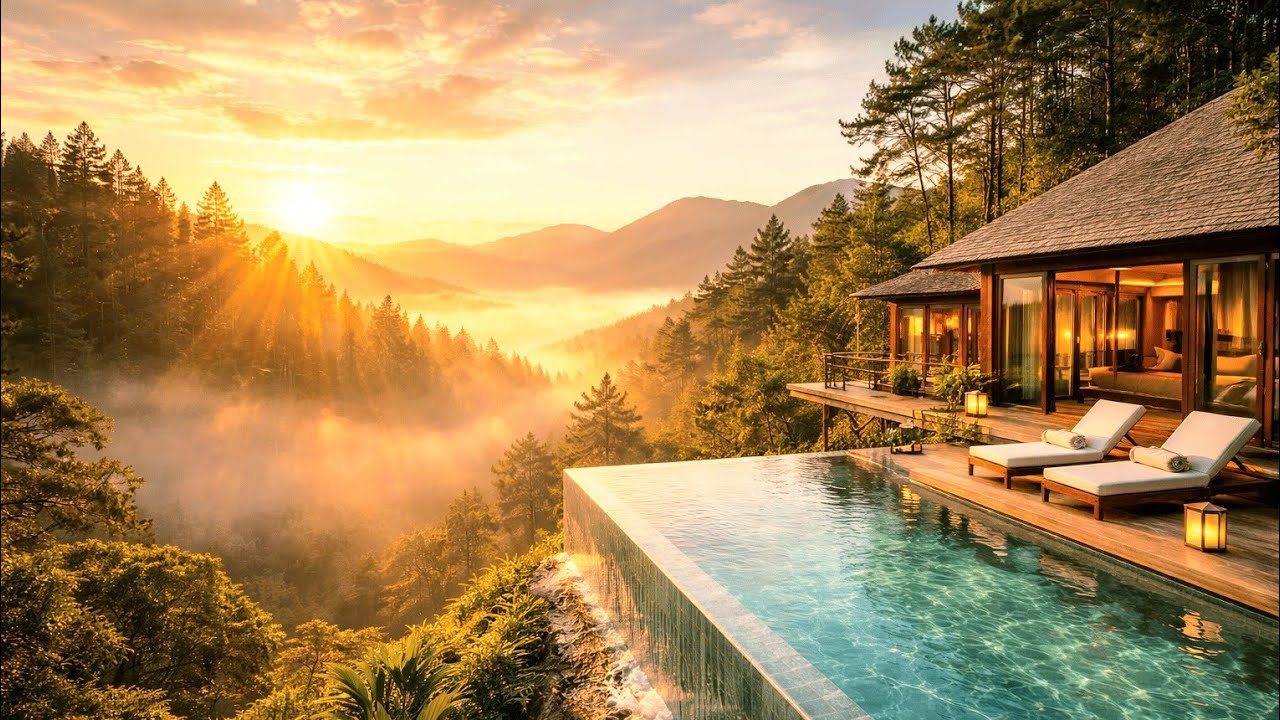 Golden Sunrise at a Luxury Mountain Eco Resort 🌄 4K Forest Valley Ambience (2 Hours)