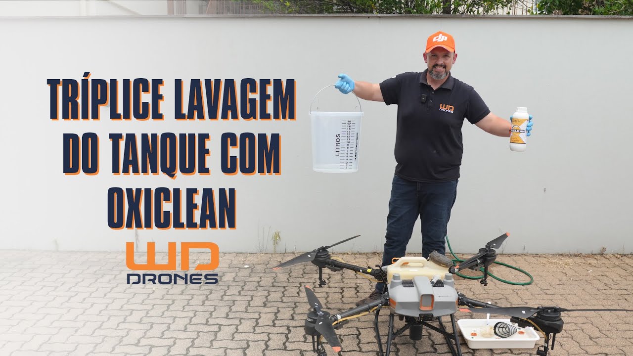 Tríplice lavagem de um drone DJI de pulverização utilizando o limpa tanque Oxiclean