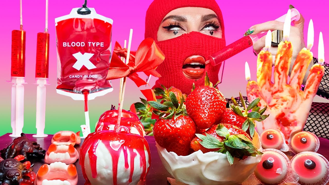 ASMR Red Food | Edible Blood ASMR Drinking Sounds | Fresh Strawberry | Gummy Candy |  Edible Eyes