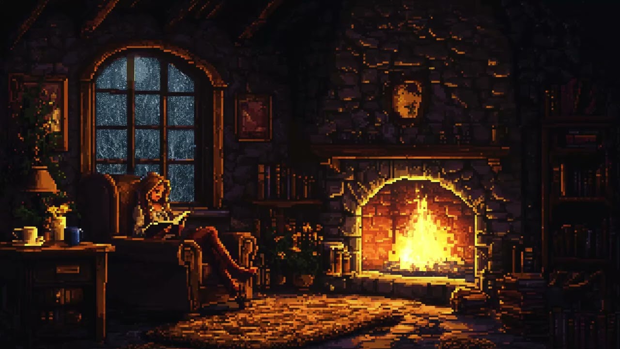 Pixel Girl Reading By The Fire - Rain In A Dark Stone Room For Relaxation