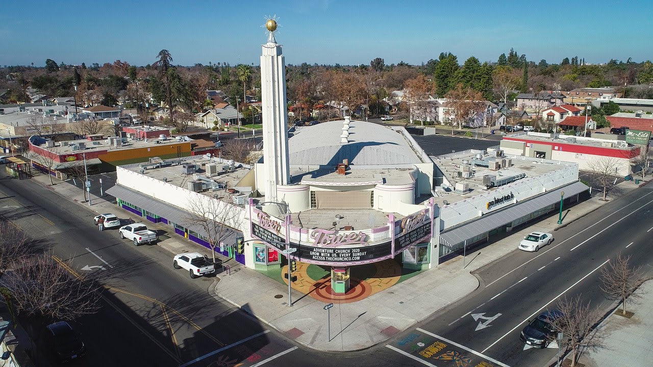 See Tower Theatre in Fresno in a drone flyover video