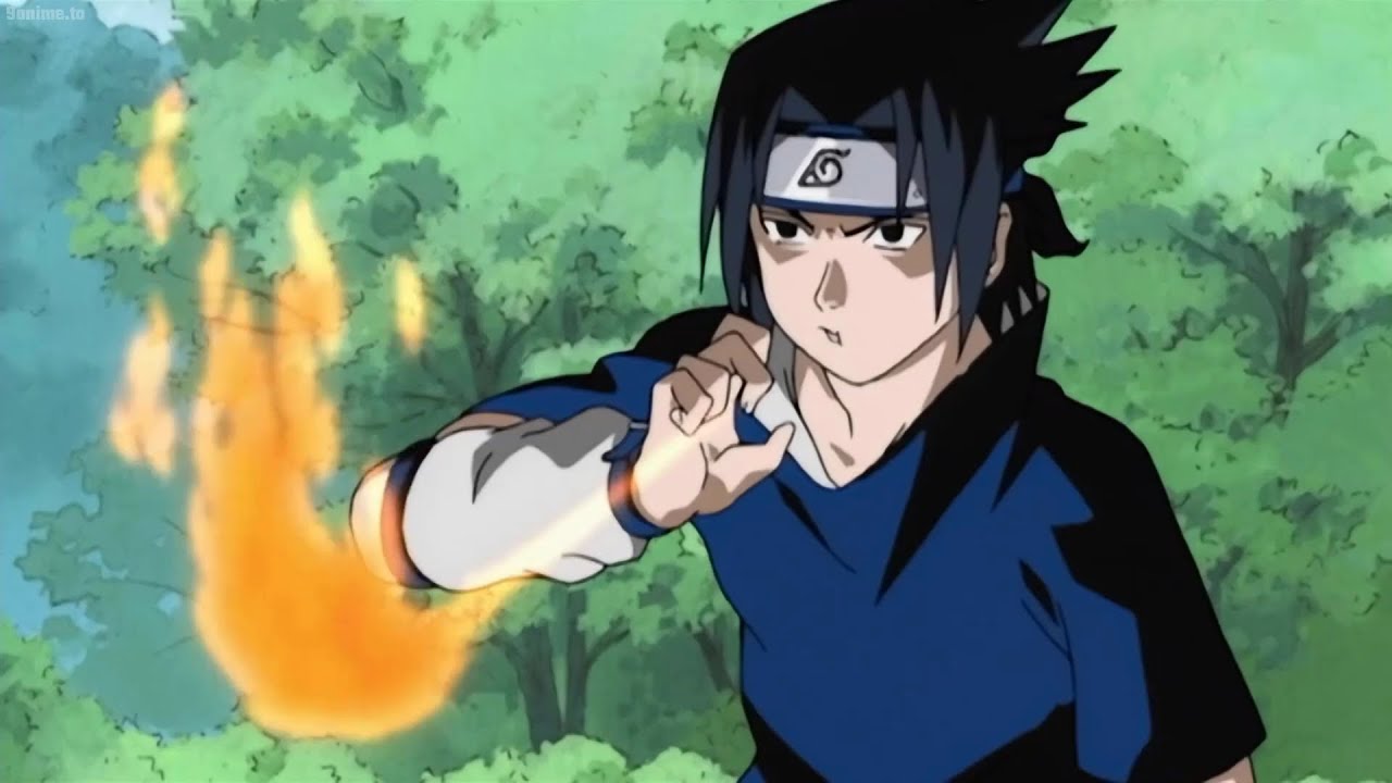 Sasuke uses Fire Style: Fireball Jutsu. A giant fireball, a signature of the Uchiha clan.