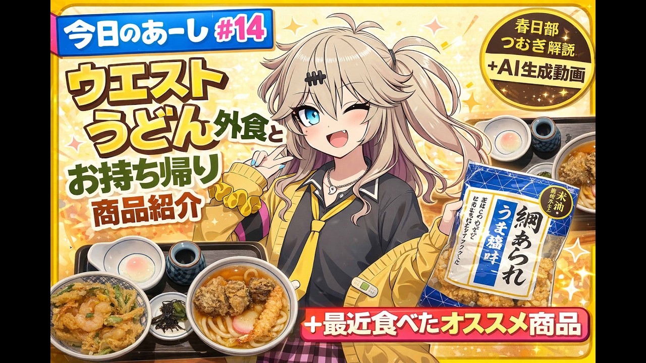 【今日のあーし　#14】ウエストうどん外食＋お持ち帰り＋最近食べたオススメ商品まとめ　【春日部つむぎ解説＋AI生成動画】