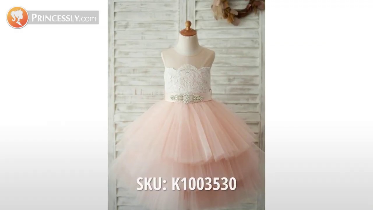 Outdoor Sheer Ivory Lace Peach Tulle Flower Girl Dresses | Princessly Dresses