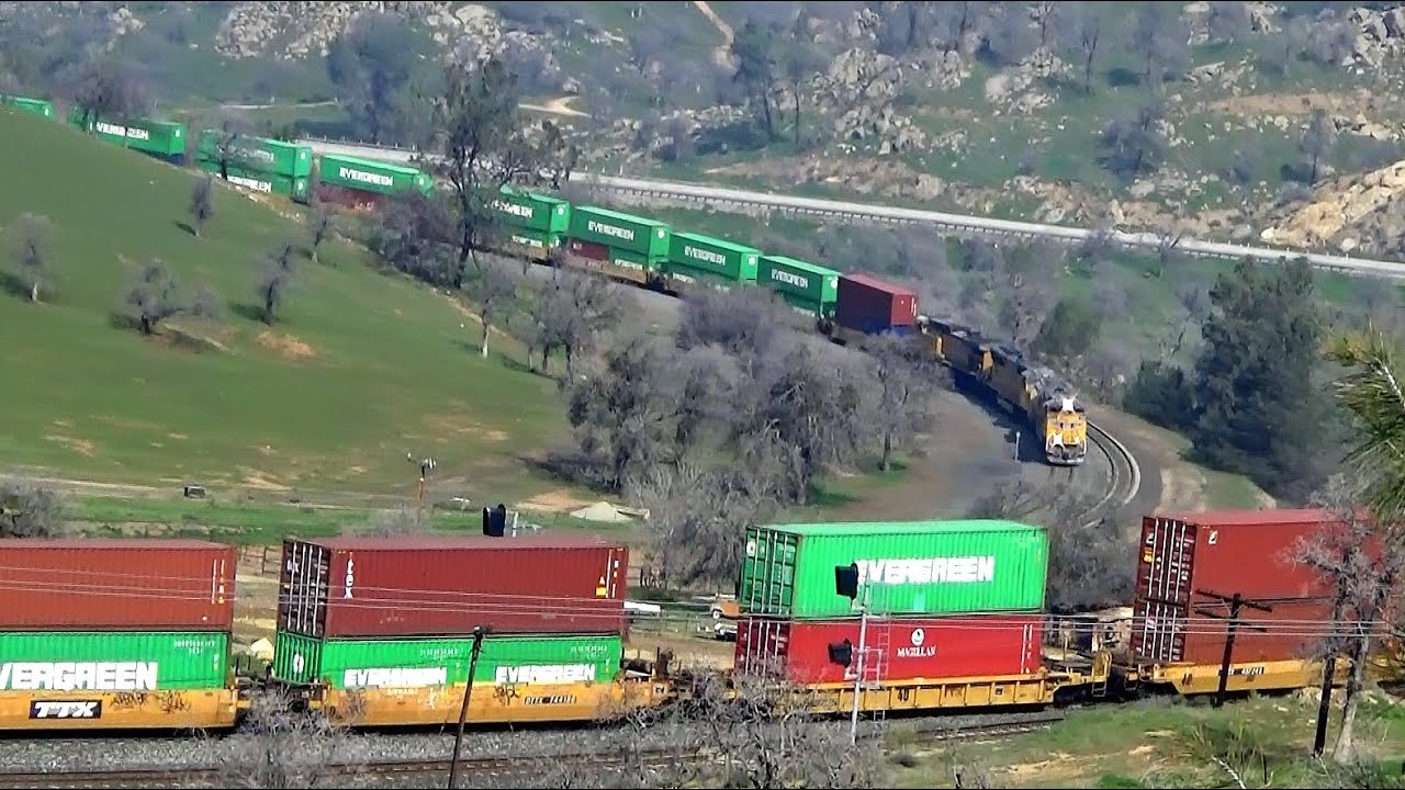UNION PACIFIC Double stack container train makes a complete spiral at Tehachapi Loop, California