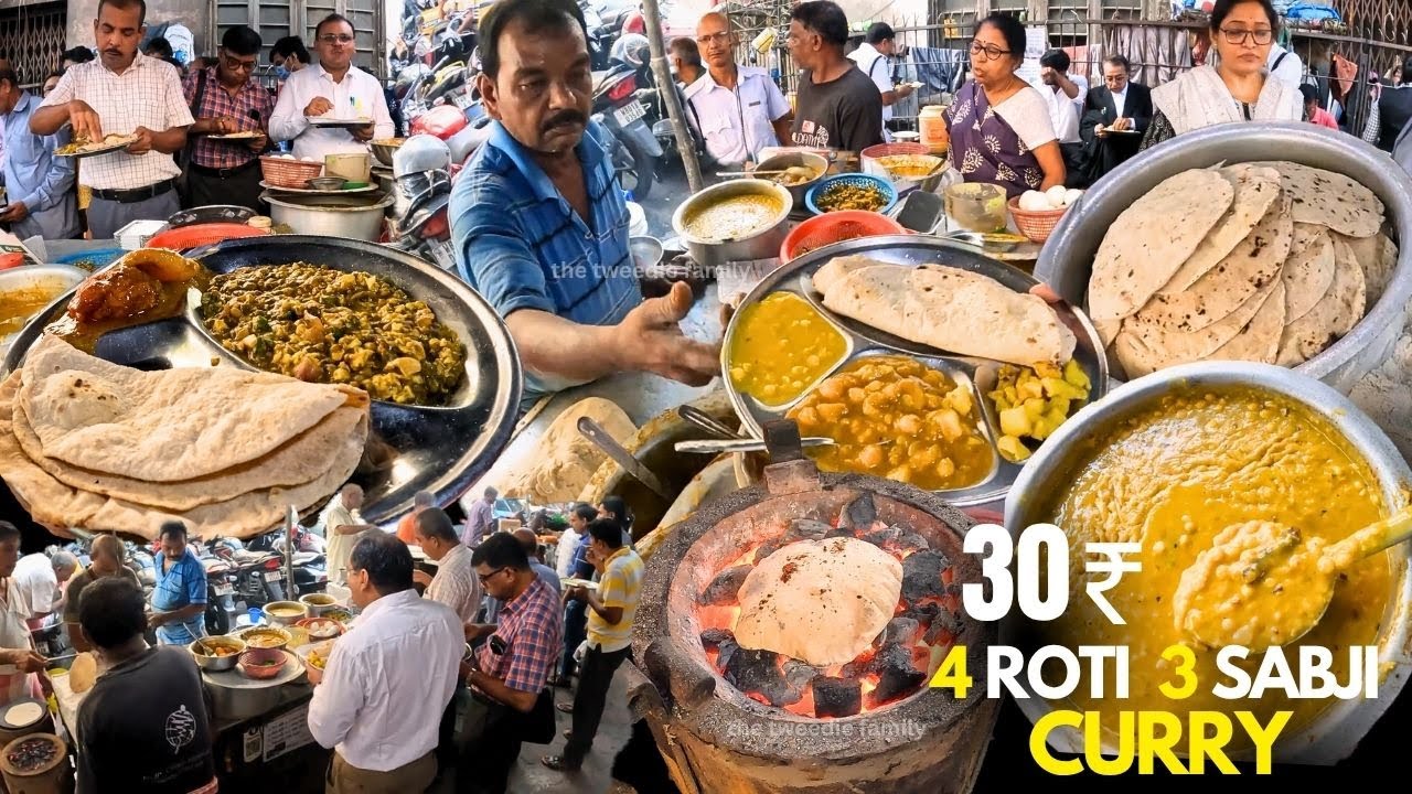 Indian Street Food for ₹30 only Per Plate | 4 Roti 3 Sabji Curry | Street Food India