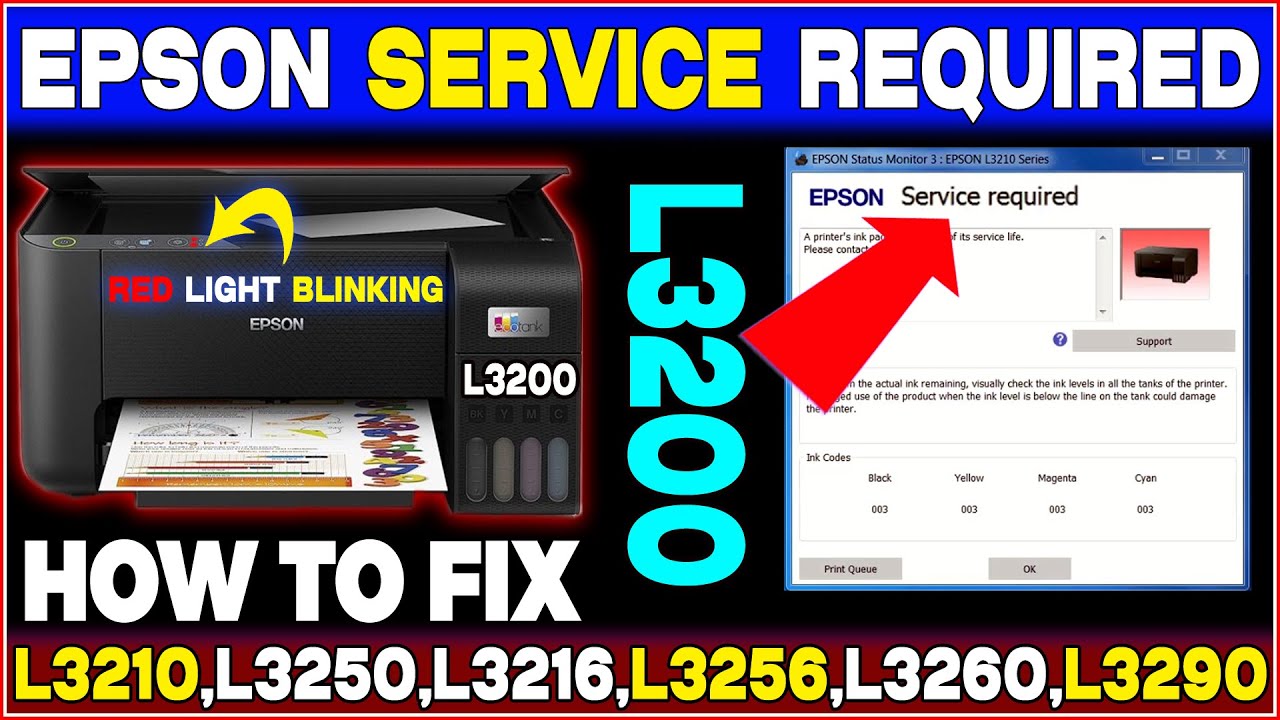 #resetprinter Epson Service Required || Epson L3200 Red Light Blinking Solution ||