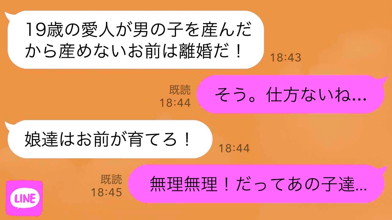 【LINE】夫が19歳の愛人を妊娠させ「妊娠できないお前とは離婚だ！」私「仕方ないね…」→夫「娘達はお前が育てろよ！」私「無理よ！だってあの子達…」実は…