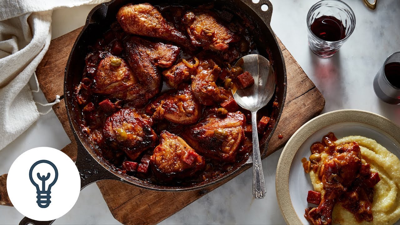 Donald Link's Braised Chicken with Salami and Olives | Genius Recipes