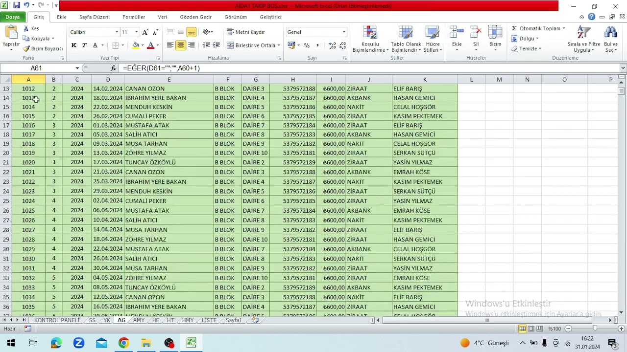 SİTELER İÇİN KULLANABİLECEĞİMİZ EXCEL AİDAT TAKİP UYGULAMASI BÖLÜM 3