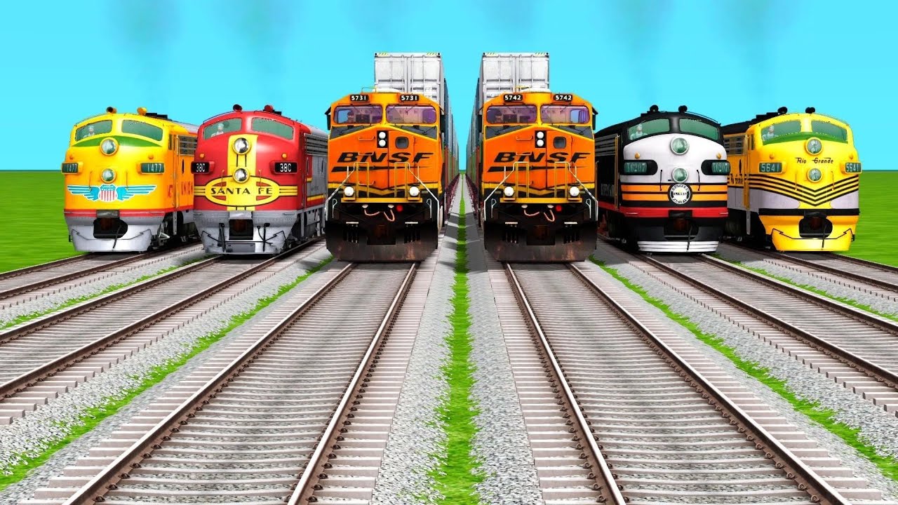 6 Trains Crossing By Realistic Bumpy Railroad Tracks | Beamng Drive | train simulator classic 