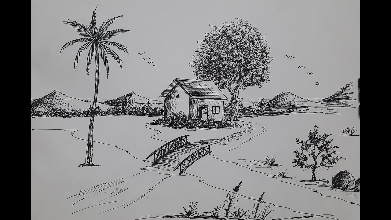 how to draw landscape in black gel pen || black gel pen landscape in easy methods