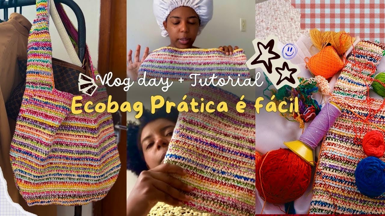 🧶🎨Ecobag Aquarela feita de crochê com sobras de fios - VLOG DAY E TUTORIAL